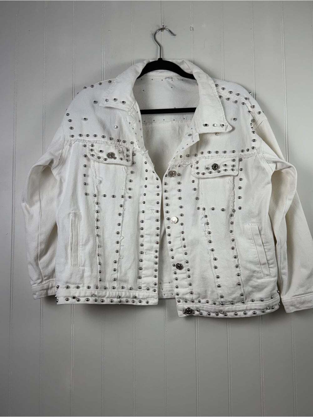 White Studded Denim Jacket | Western Glam Distressed Jacket | M/L - Picture 7 of 7